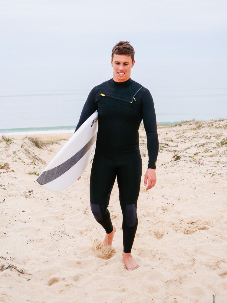 MDNS SURF - Men's Eco Friendly Wetsuits - Puure Yulex - 3/2 Chest Zip Steamer - Black/Yellow - Ride on the beach, Basque Country