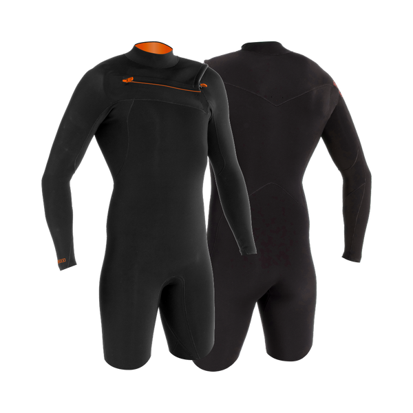 MDNS SURF - Men's Superstretch Wetsuits - Priime S-Foam -  2/2 Chest Zip Long Sleeves Shorty - Black/Orange - 100% Superstretch S-Foam