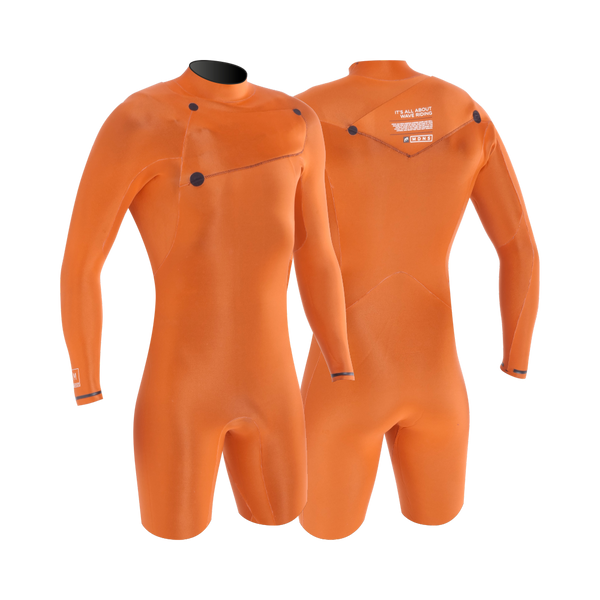 MDNS SURF - Men's Superstretch Wetsuits - Priime S-Foam -  2/2 Chest Zip Long Sleeves Shorty - Heather Iodine/Orange - 100% Superstretch S-Foam