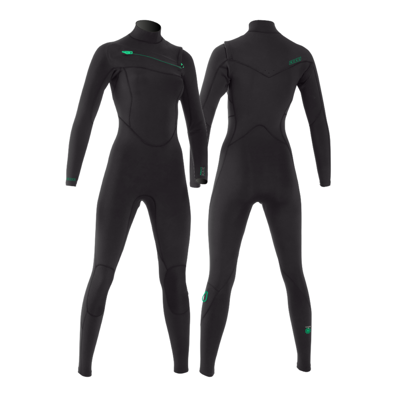 MDNS SURF - Women's Eco Friendly Wetsuits - Puure Yulex - 5/4/3 Chest Zip Steamer - Black/Green
