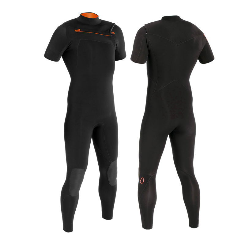 MDNS SURF - Men's Superstretch Wetsuits - Priime S-Foam - 2/2 Chest Zip Short Sleeves Steamer - Black/Orange - 100% Superstretch S-Foam