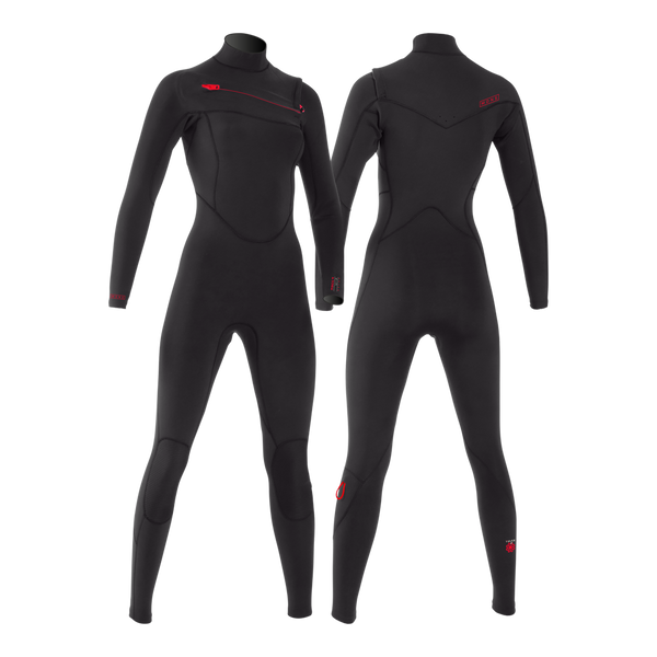 MDNS SURF - Women's Eco Friendly Wetsuits - Puure Yulex - 4/3 Chest Zip Steamer - Black/Red